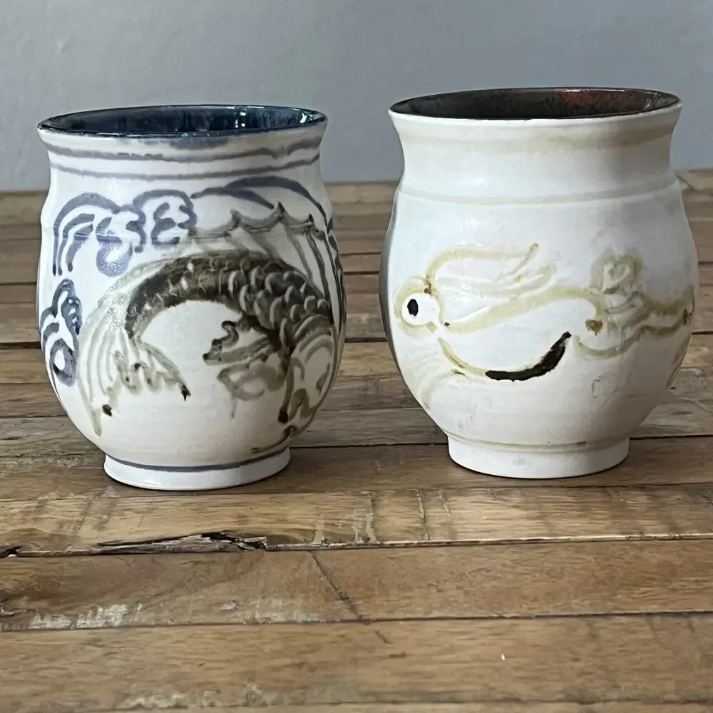 Japanese Okinawan Tsuboya-yaki Studio Pottery Cups Yunomi Fish & Rabbit Motif